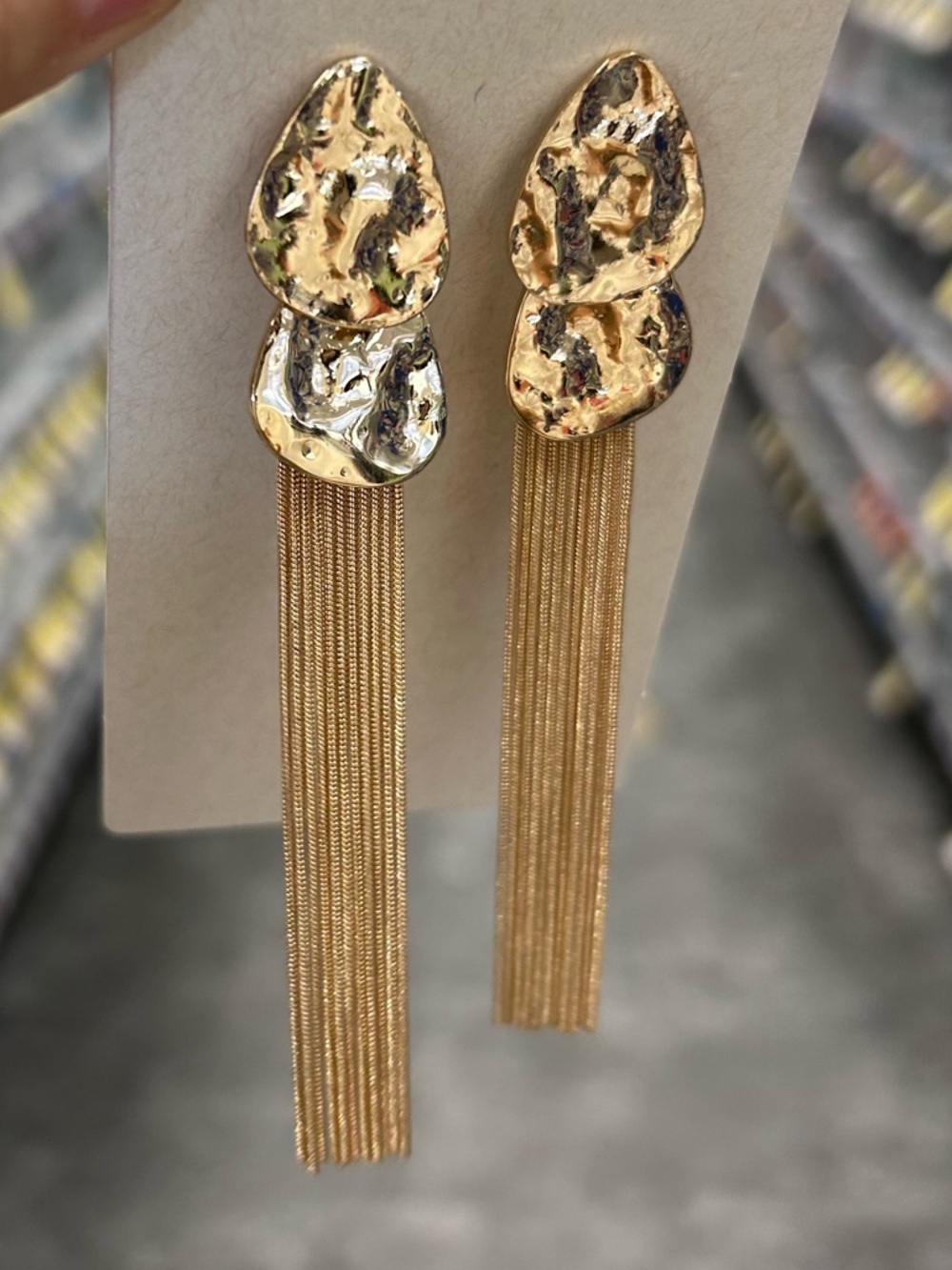 Gold Textured Teardrop Tassel Earrings